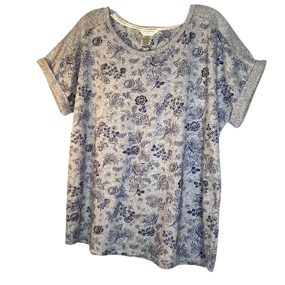 Lucky Brand Womens XXL Pajama Set Grey Blue Floral Short Sleeve Soft Lounge NEW‎